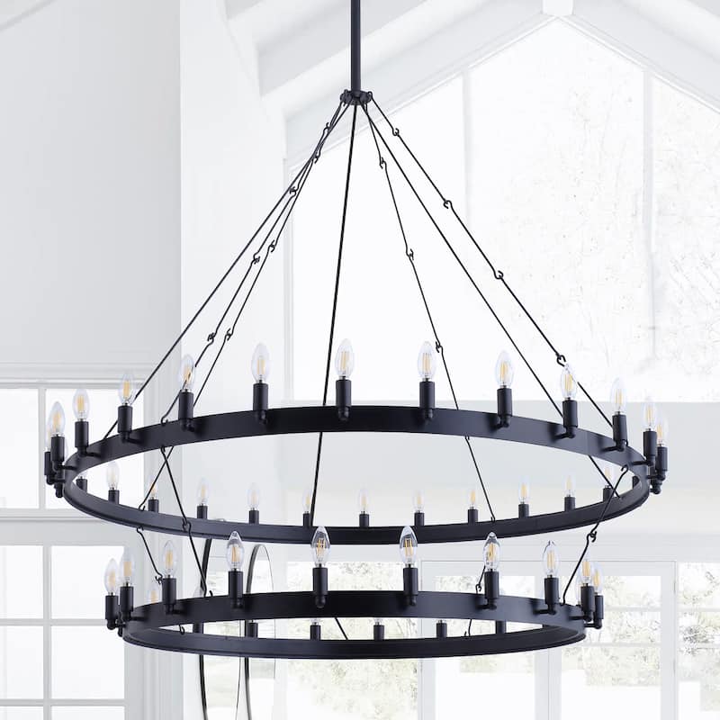 Industrial 2-Tier Candle Style Black 40-Light Wagon Wheel Chandelier
