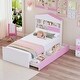 preview thumbnail 10 of 16, Twin Size House-Shaped Wooden Bed with Storage Shelf on the Headboard, Built-in Two Storage Drawers Pink+White