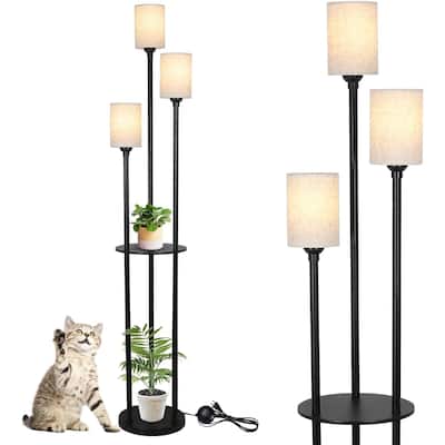 Floor Lamp with Shelves, Modern Floor Lamps, 3-Lights Standing Lamp with Linen Shade and Foot Switch, Industrial Standing Lamps