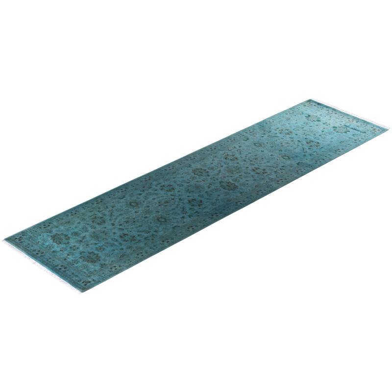 Overton Hand Knotted Wool Vintage Inspired Modern Contemporary Overdyed Blue Runner Rug - 2' 8" x 10' 3"