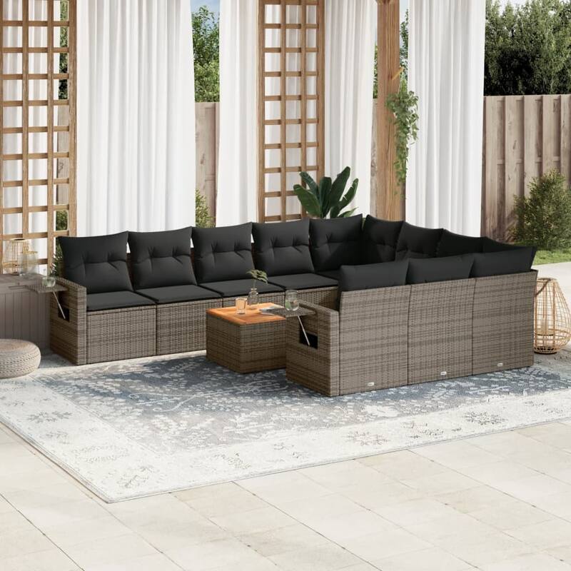 vidaXL Garden Sofa Set with Cushions Outdoor Sofa Set Corner Seat Poly Rattan - Grey Table + 6x middle + 2x corner - 21.7 x 21.7 x 14.6 in (W x L x H)