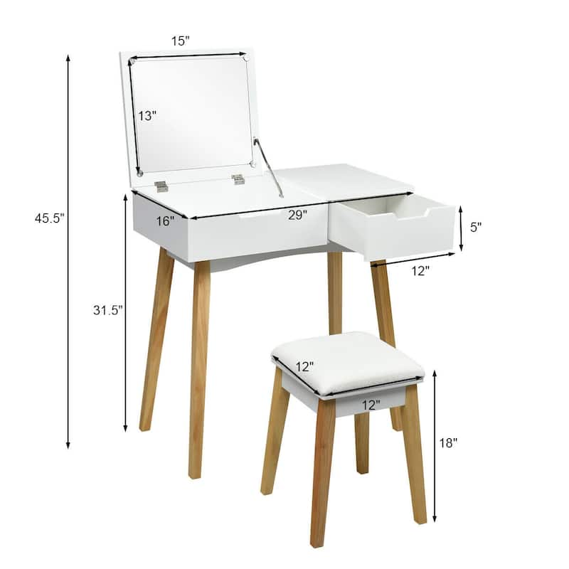 Gymax Vanity Makeup Table Cushioned Stool Set W/Flip Top Mirror &1