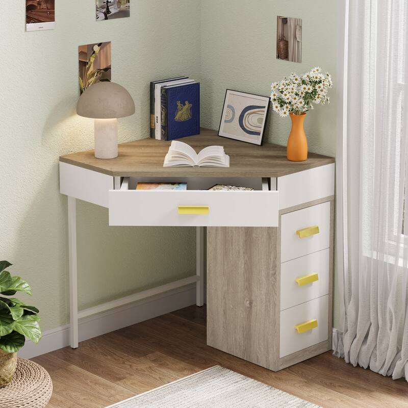 Corner Desk with Drawers, Computer Writing PC Makeup Vanity Storage Desk, Home Office Living Room Bedroom Accent Desk