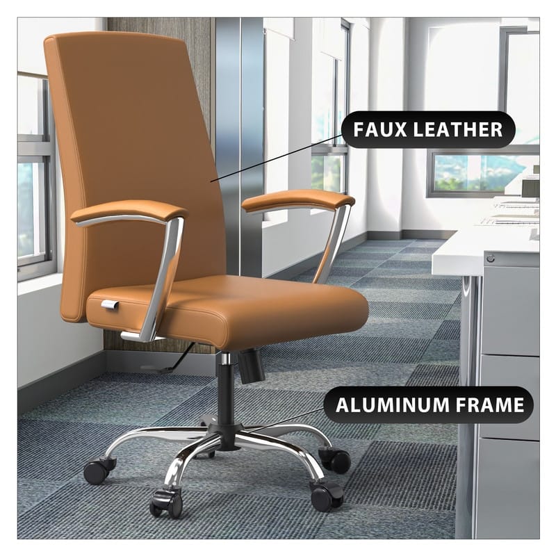 LeisureMod Evander Modern Swivel Office Chair in Faux Leather with Silver Frame