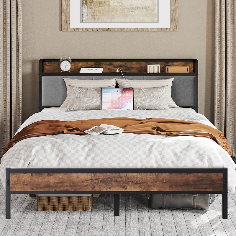 Bed Frames, Storage Headboard with Outlets, No Box Springs Needed - Queen