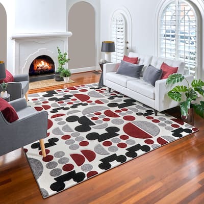 Licensed Disney Mickey Mouse Bravo Encore Modern Geometric Spheres Grey/ Ivory/ Red Indoor Area Rug Runner