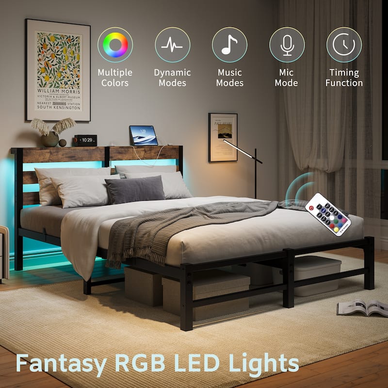 Queen Size Metal Bed Frame with Rustic Brown Wooden Headboard, RGB LED Lights, Charging Station, Storage Shelf, Noise-Free