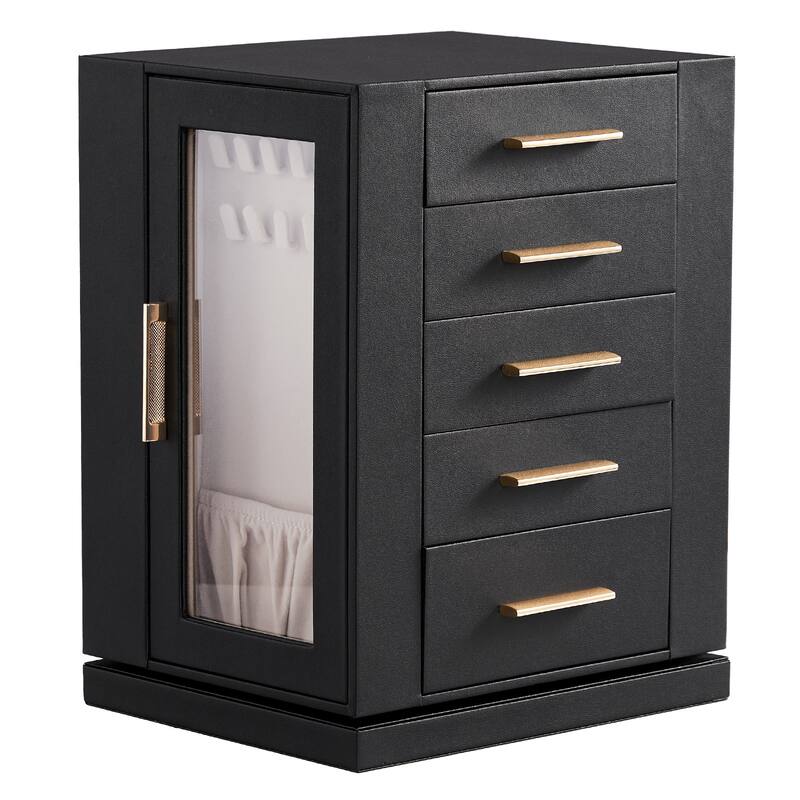360° Rotating Jewelry Box with 5 Drawers - Black Cabinet & Pink Velvet Interior - Multi