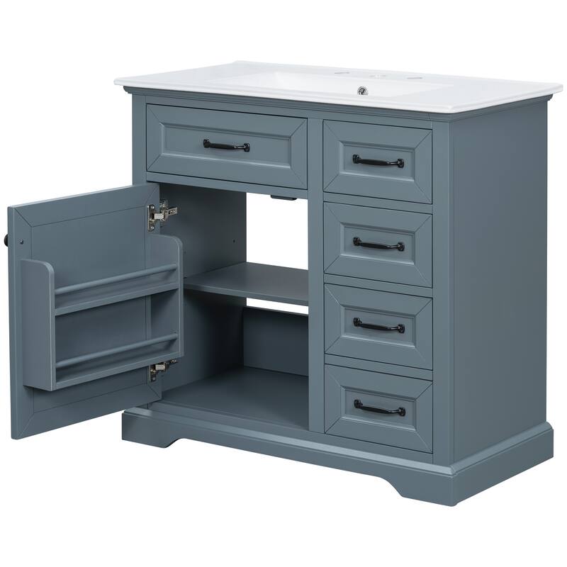 Roomfitters 36" Bathroom Vanity with Ceramic Sink, 2 Tip-out Drawers and Smart Storage Organizer