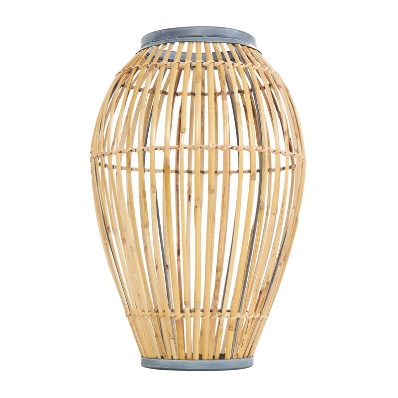 Brown Bamboo Wood Handmade Open Frame Decorative Vase with Blue Metal Accents