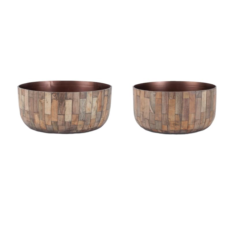 Round Wooden Bowl Planter - 10.25" - Set of 2
