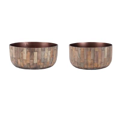 Round Wooden Bowl Planter - 10.25" - Set of 2