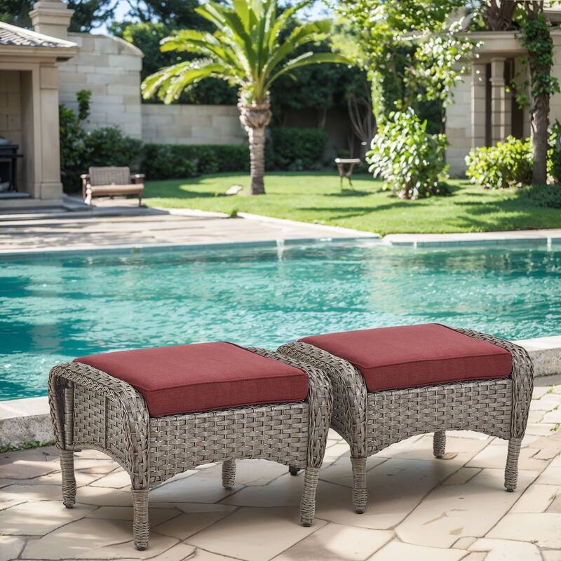 2 Pieces All Weather Rattan Wicker Ottoman Seat - Grey - Red