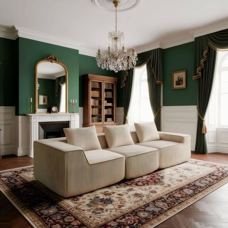 Modular Sectional Sofa with Pillows, Corduroy Upholstered 3-Seater Sofa, All-Compressed Foam Sofa for Living Room, Apartment