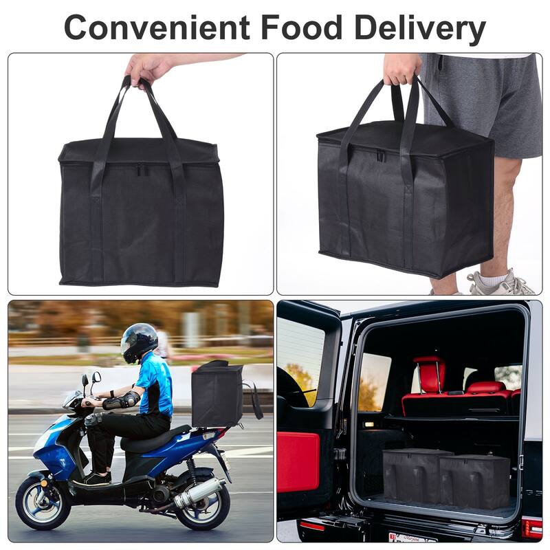 2Pcs Insulated Reusable Grocery Bag Food Delivery Bag with Zipper 16x10x13" - Black