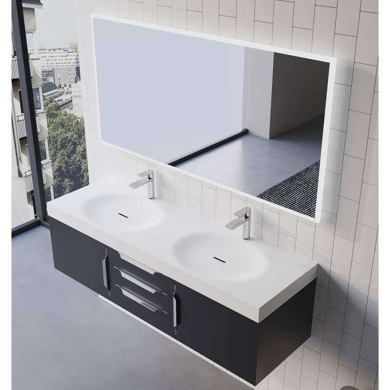 Thames 60" Shallow Basin Wall Mounted Bathroom Vanity Set w/ White Top