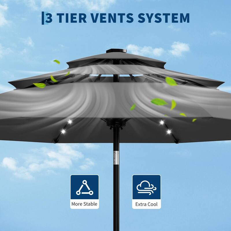 3-Tier Solar Patio Umbrella, with LED Lights and Vents