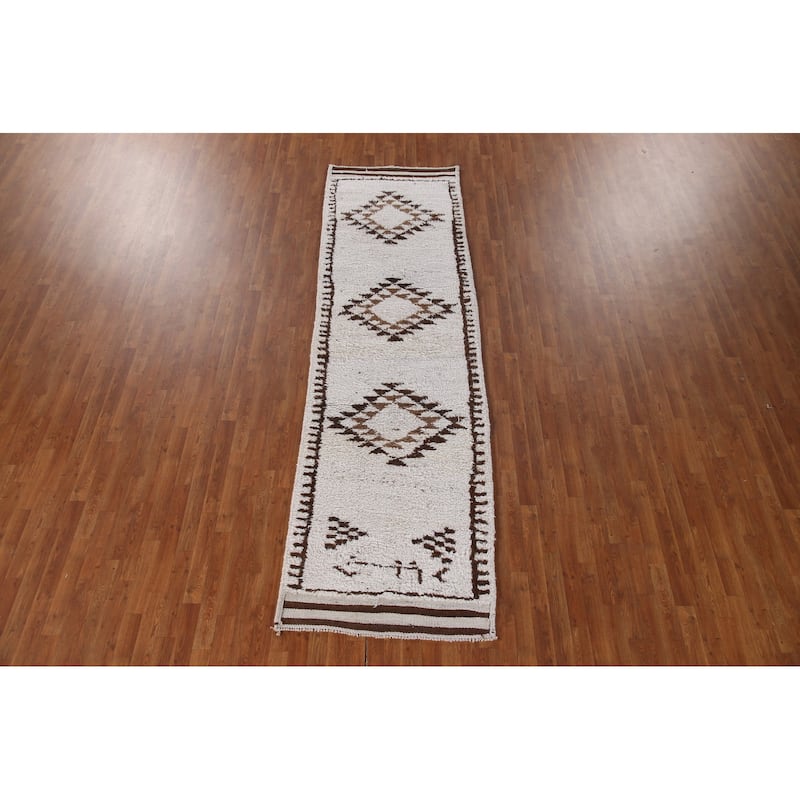 Geometric Anatolian Turkish Runner Rug Handmade Hallway Wool Carpet - 3'4"x 11'3"