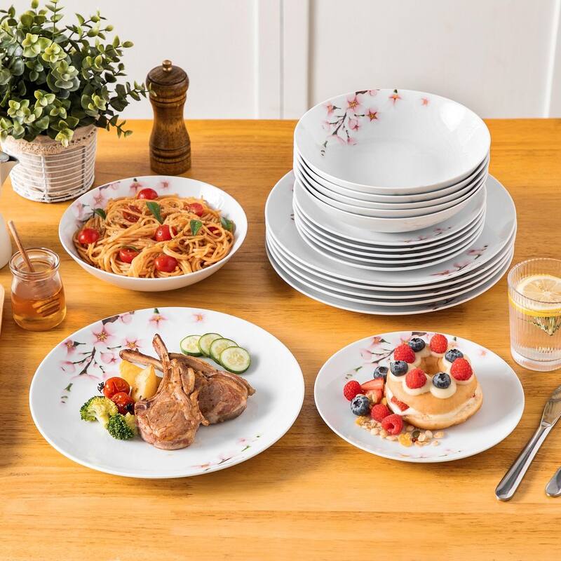VEWEET Flower 18-Piece White Porcelain Dinnerware Set (Service for 6)