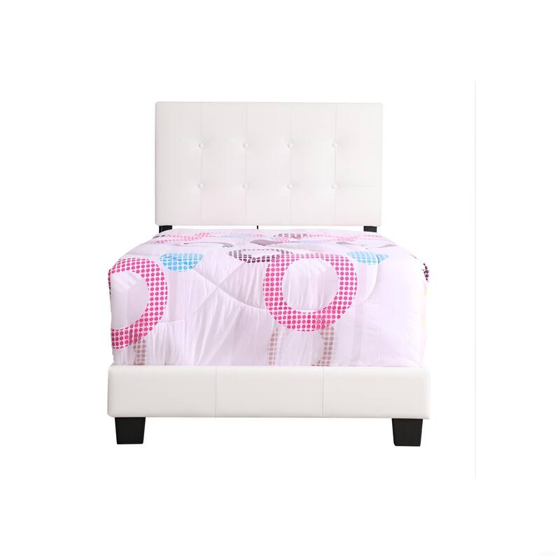 White Faux Leather Twin Bed with Button-Tufted Headboard