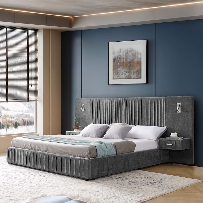 Pleating Upholstered Bed Platform Bed Frame with Enlarged Widened Headboard and Integrated Bedside Table Adjustable Bedside Lamp
