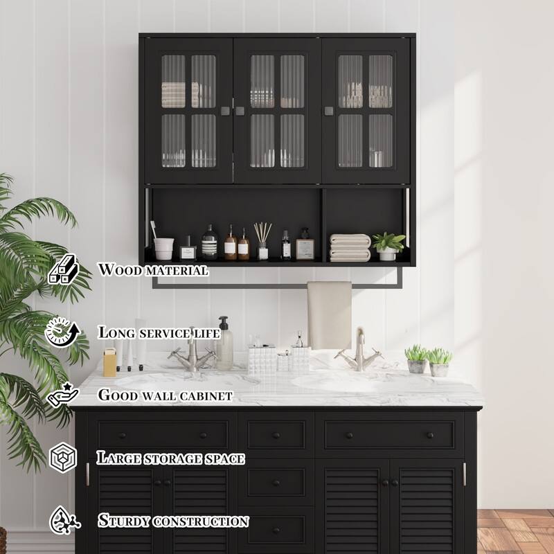3-Door Wall Cabinet with Fluted Glass & Towel Bar, Modern Storage Solution