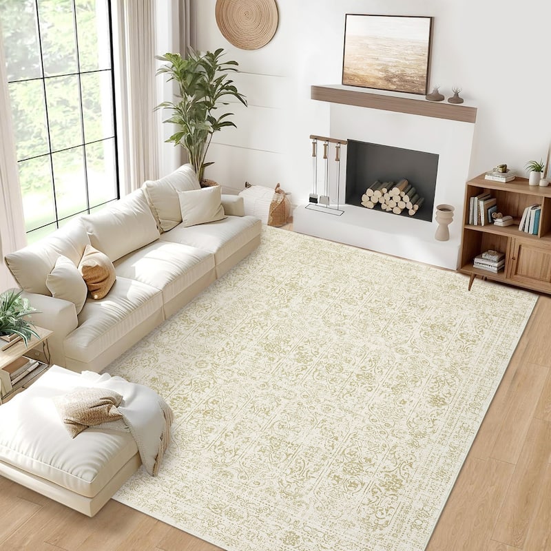 Vintage Area Rug Washable Rug Floral Living Room Rugs Non Slip Low Pile Throw Rugs - 9'x12' - Beige Camel