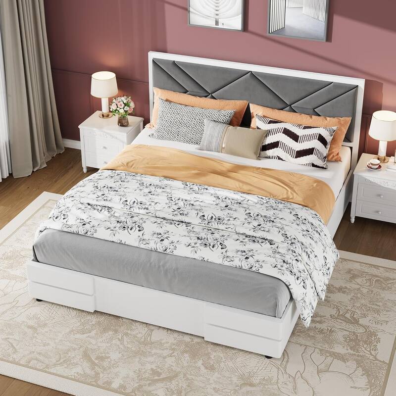 Wooden Bed Frame with Fabric Upholstered Headboard