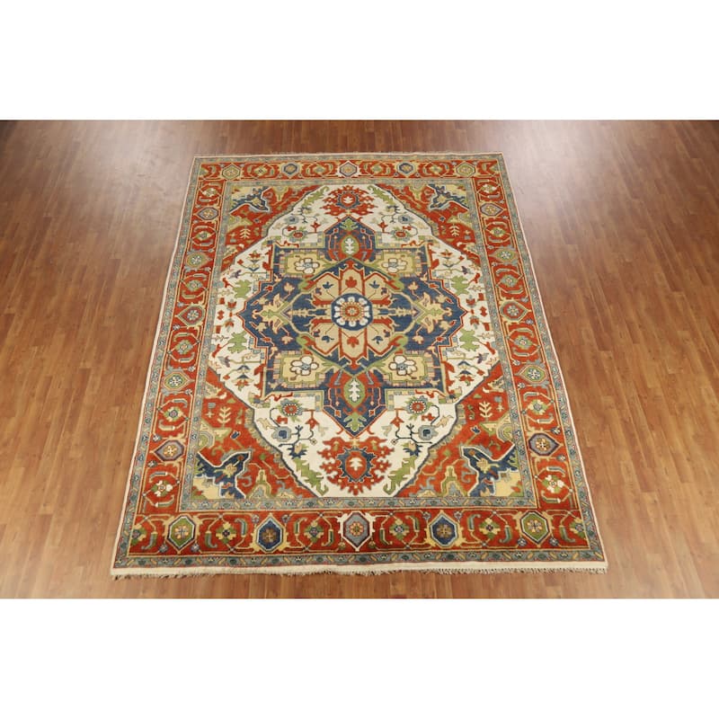 Geometric Medallion Heriz Serapi Indian Area Rug Handmade Wool Carpet - 8'11" x 11'7"