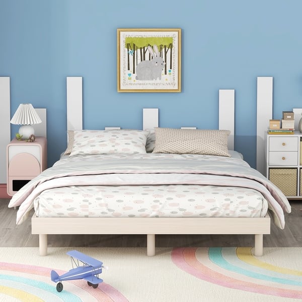slide 2 of 9, Wooden Full Platform Bed Frame for Kids Teens Adults, Full Size Bedframe with Solid Wood Slats Support, Not Included Headboard White Washed - Full
