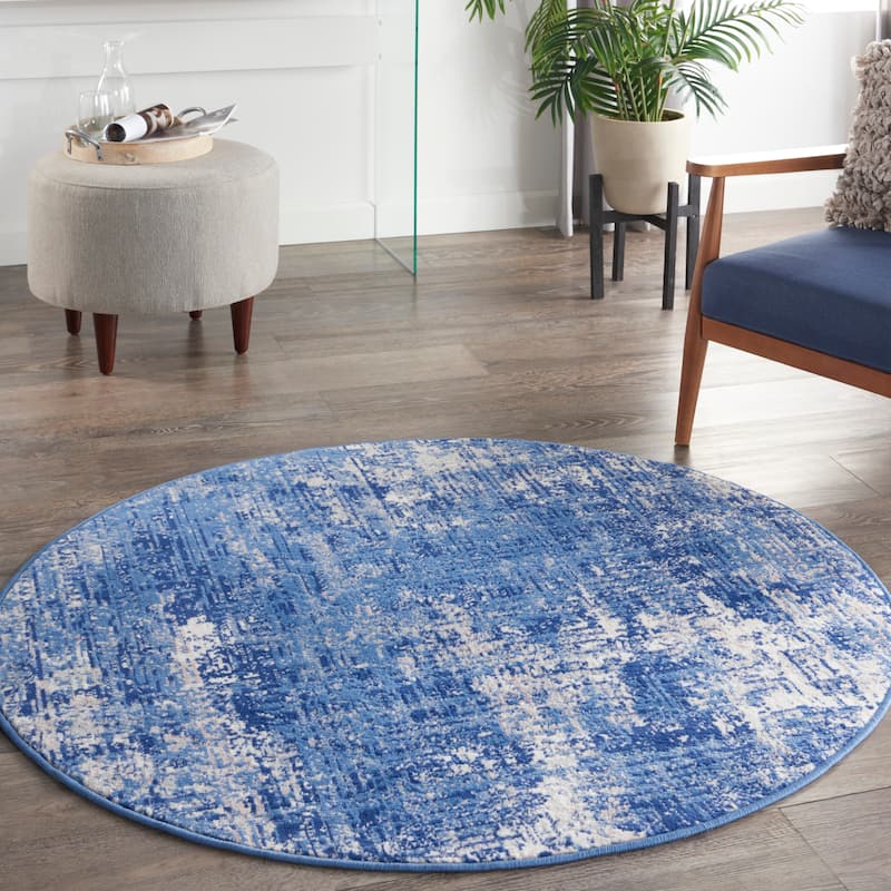 Nourison Whimsicle Modern Distressed Abstract Blue Ivory Area Rug - 8' Round - Blue Ivory - Round