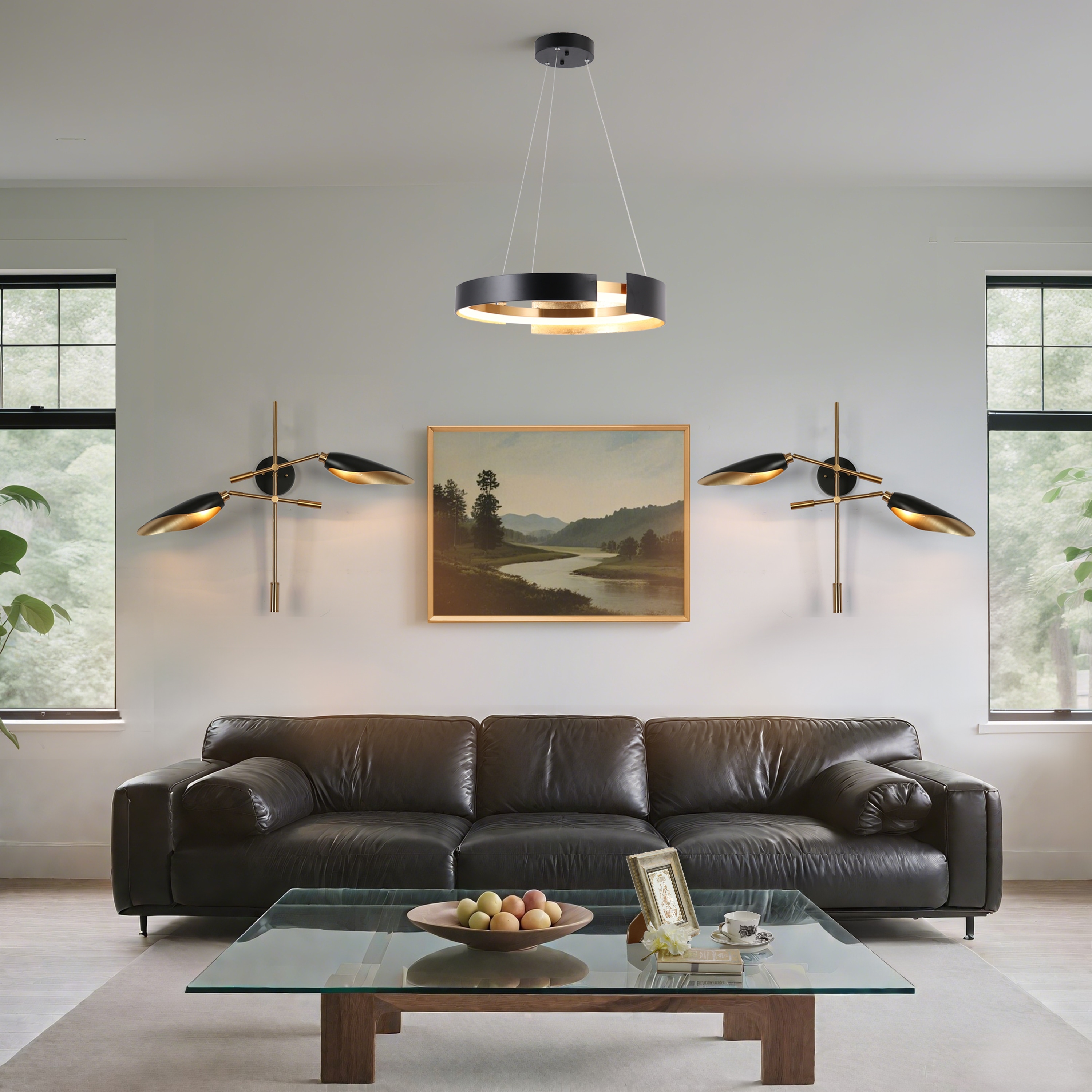 Modern LED Gold Black Drum Chandelier Large Pendant Light for Living Room -  D19.5x H 3.3, image size:3000x3000