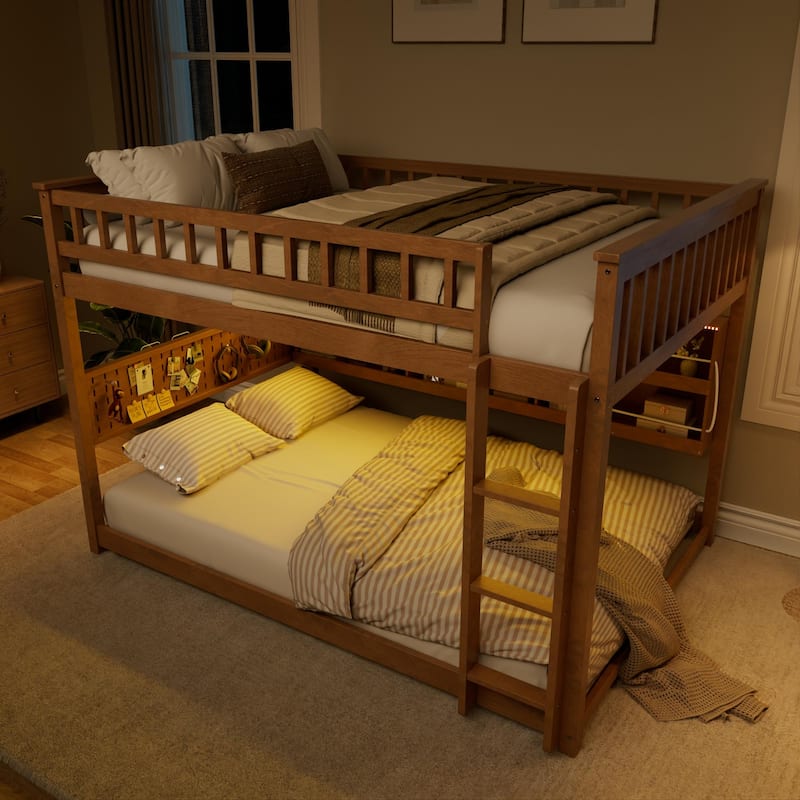 Full XL over Queen/Full over Full Bunk Bed with Integrated Shelving, Color-Changing Lights & Pegboard