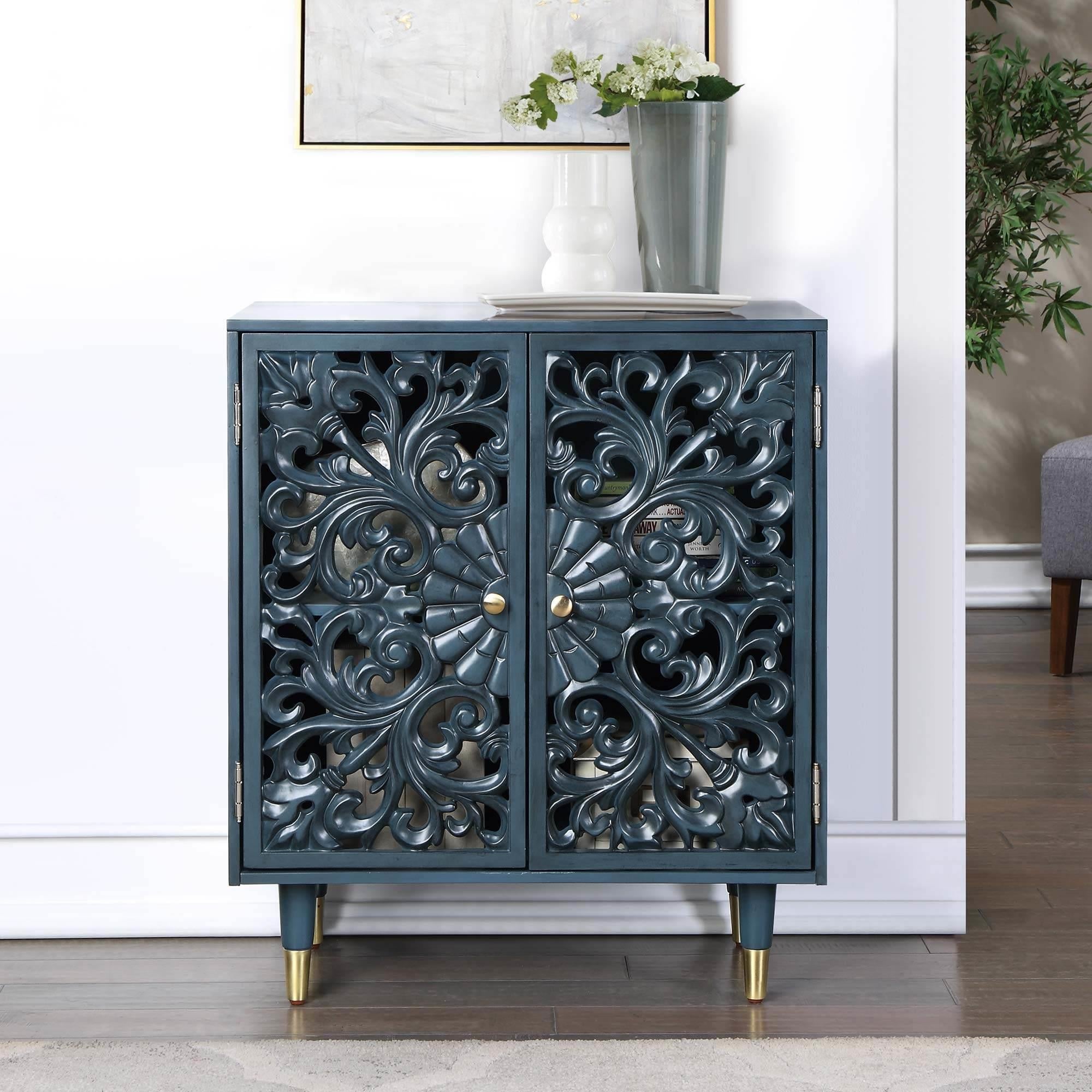 Modern Glam Blue Solid Wood Hollow 2 Door Accent Cabinet Buffet