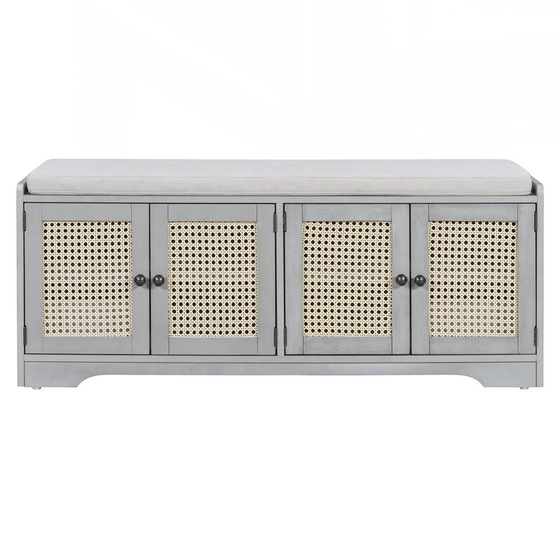 Rustic Storage Bench Multifunctional Wood Entryway Shoe Bench with Removable Cushion, Woven Rattan Doors & Adjustable Shelves