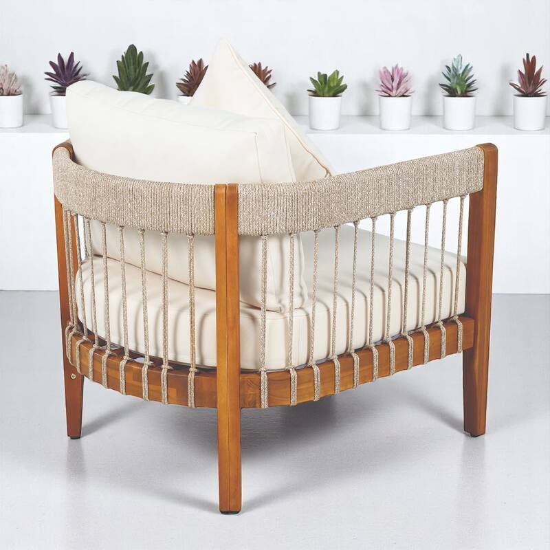 Outdoor Lounge Chair with Cushions, Acacia Wood Frame & Handwoven Rope, All-Weather Tub Chair with for Patio, Deck, or Garden