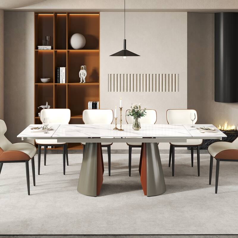 63"-94" Expandable Marble Dining Table for 6-8 Seat, Modern Rectangle Design with Extension Leaf
