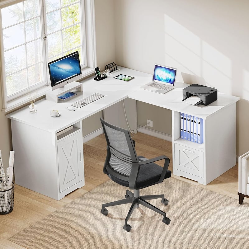 Moasis 59-inch Computer L-shaped Desk with Monitor Stand and Cabinet, Executive Desk w/Power Outlets - White