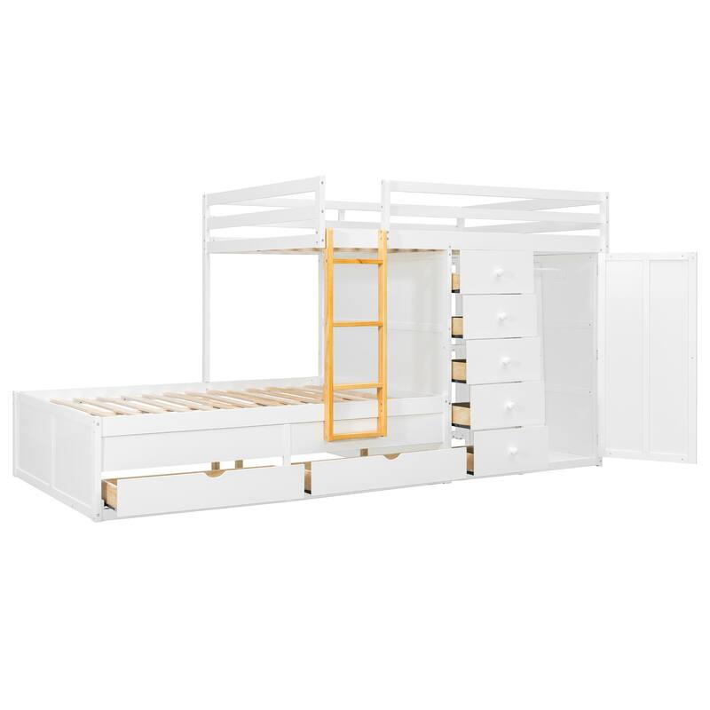 Full Size Bunk Bed with Storage - 2 Large & 5 Small Drawers, Small Wardrobe, MDF & Solid Wood
