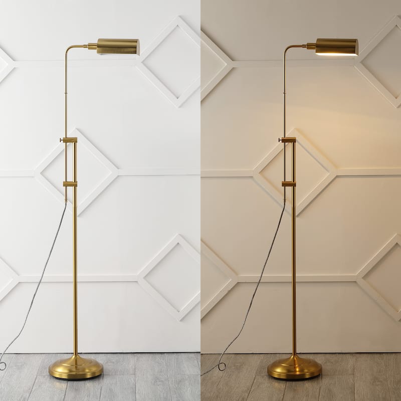 Louis 63" Industrial Minimalist Height-Adjustable Iron Pharmacy LED Floor Lamp, Brass Gold by JONATHAN Y