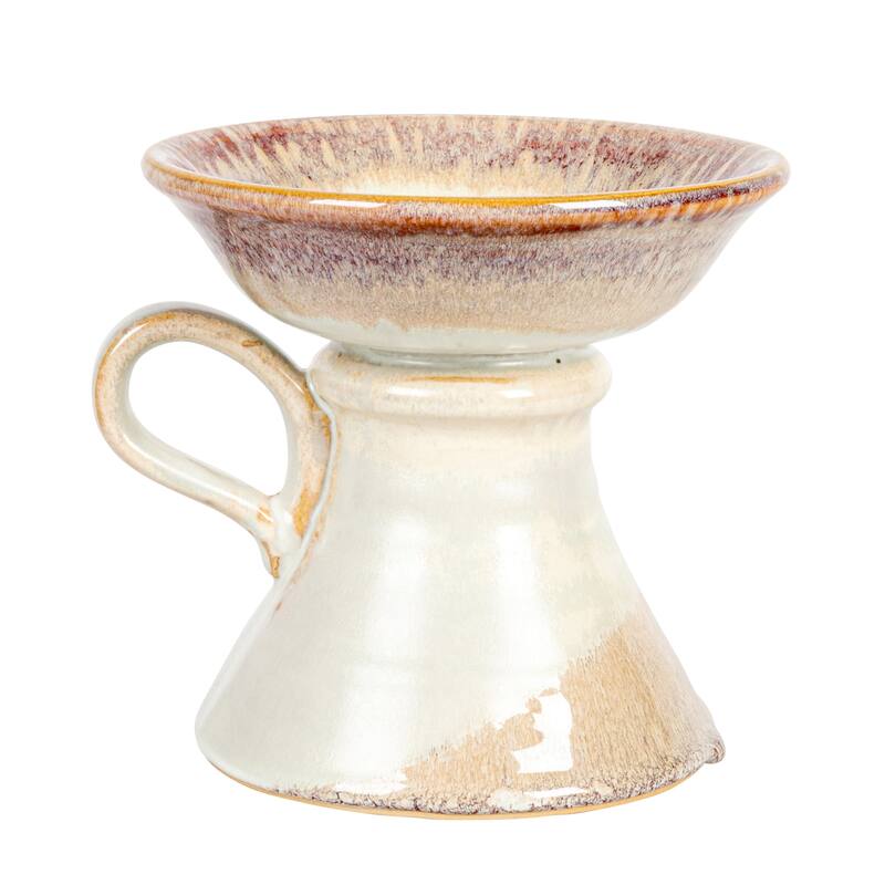 Stoneware Pillar Candle Holder with Handle and Reactive Glaze