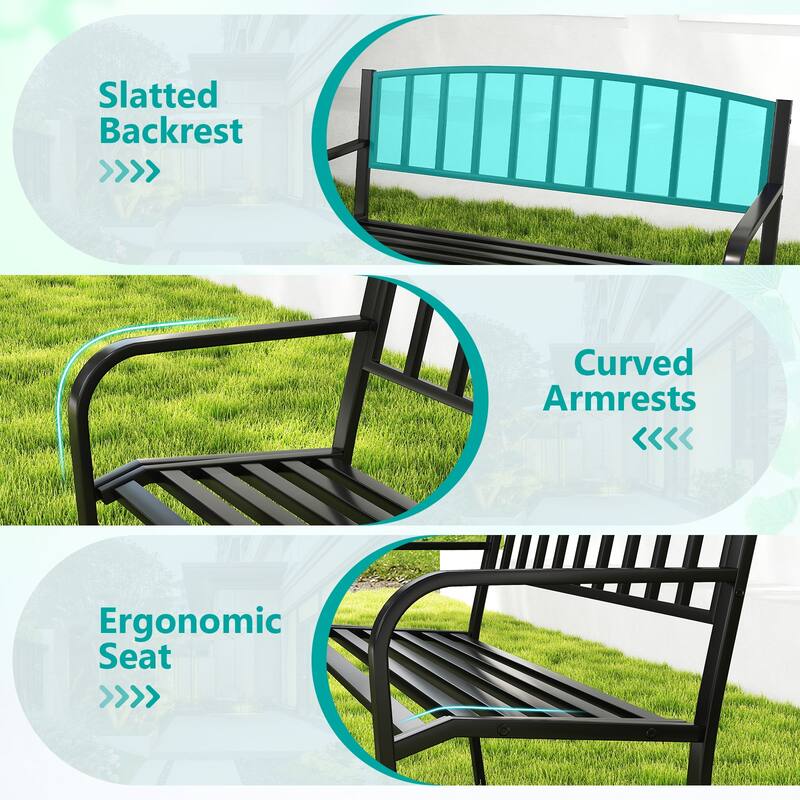 Gymax 50 Inches Garden Bench w/ Slatted Backrest & Curved Armrests for