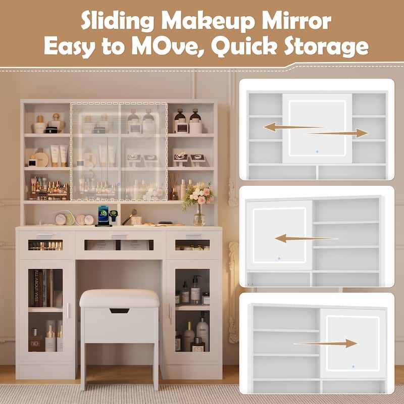 41" LED Makeup Vanity with Sliding Mirror - Dressing Table with 3 Drawers, 2 RGB Cabinets & Charging Station, Open Shelves