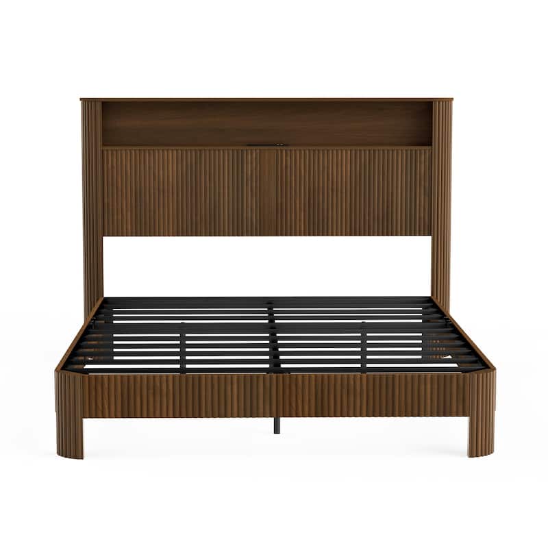 Queen Size Bed Frame With Storage Headboard, Built-In Charging Station, Wavy Curved Lines Design, Silent Operation