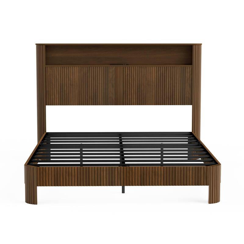 Queen Size Bed Frame with Storage Headboard, Built-in Charging Station, Wavy Design, Silent Operation, Walnut Finish