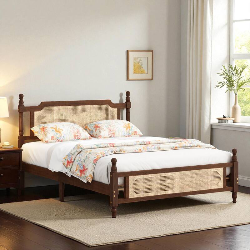 Queen/King Size Pine Wood Bed with Rattan Headboard and Footboard, Solid Frame with Central Support and Under-Bed Storage - Walnut - Queen