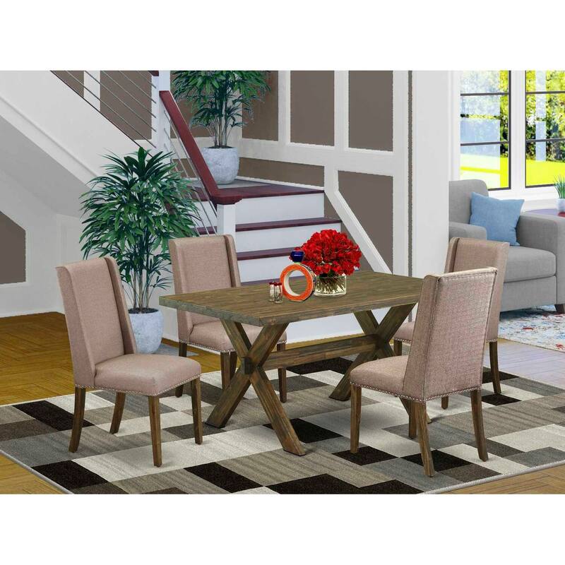 HomeStock 5-Piece Rectangle Distressed Jacobean Finish Solid Wood Top Dining Table with 4 Upholstered-Chairs with Lattice Back