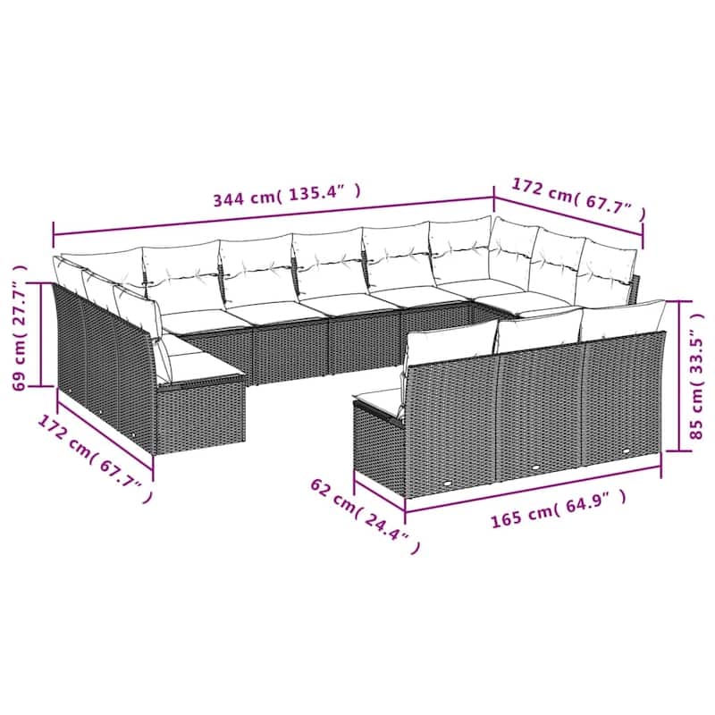 vidaXL Patio Sofa Set with Cushions Outdoor Conversation Furniture Poly Rattan - 21.7" x 24.4" x 27.2"