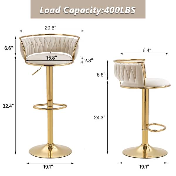 dimension image slide 19 of 24, Modern Velvet Adjustable Swivel Bar Stools Set of 2