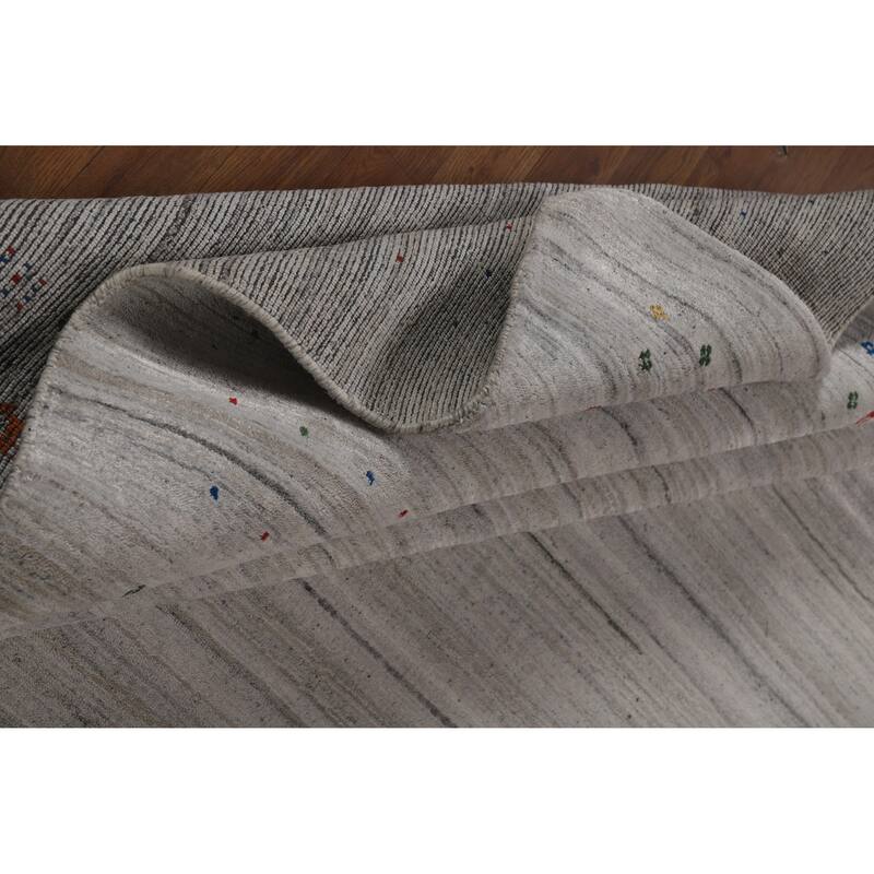 Silver Gray Striped Gabbeh Oriental Area Rug Hand-Knotted Silk Carpet - 9'3" x 11'7"